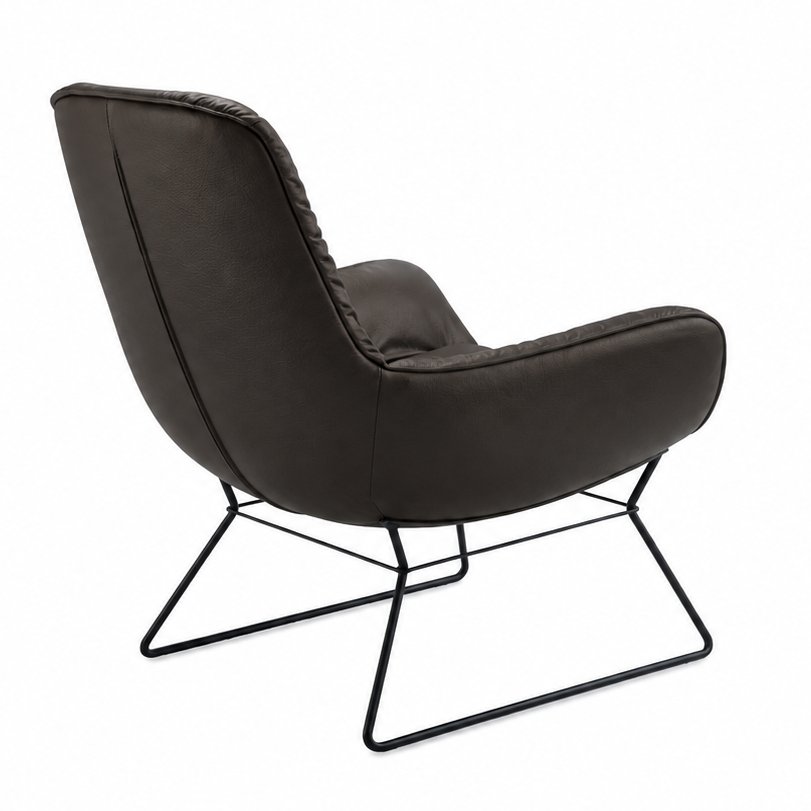 Leya Lounge Chair in dunkelbraunem Leder Sahara Canelo mit schwarzem Drahtgestell, schräg von hinten