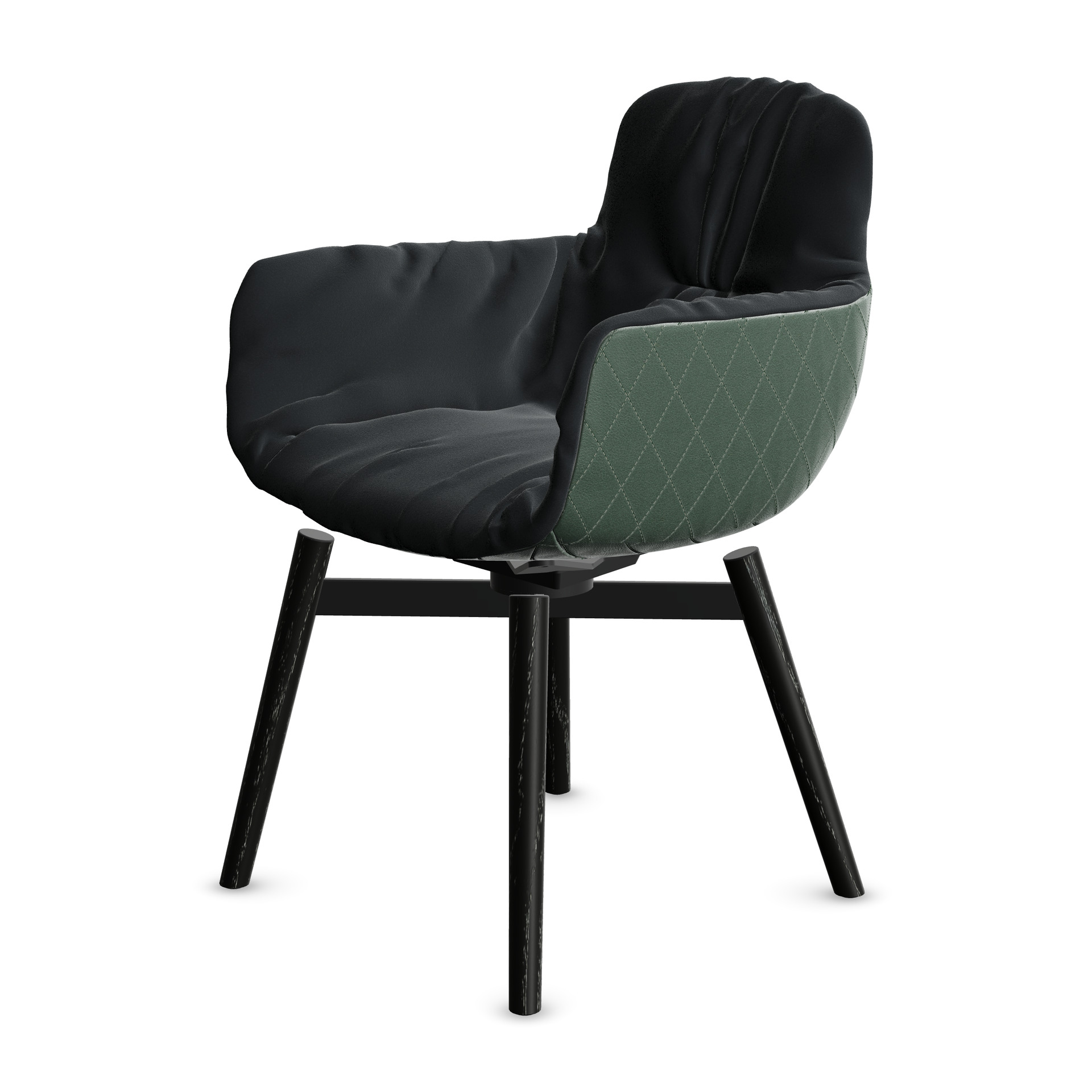 Leya Armchair High in Stoff Adamo & Eva Cactus in Anthrazit, Außenseite Leder Adora Jade, schwarzes Holzgestell, schräg