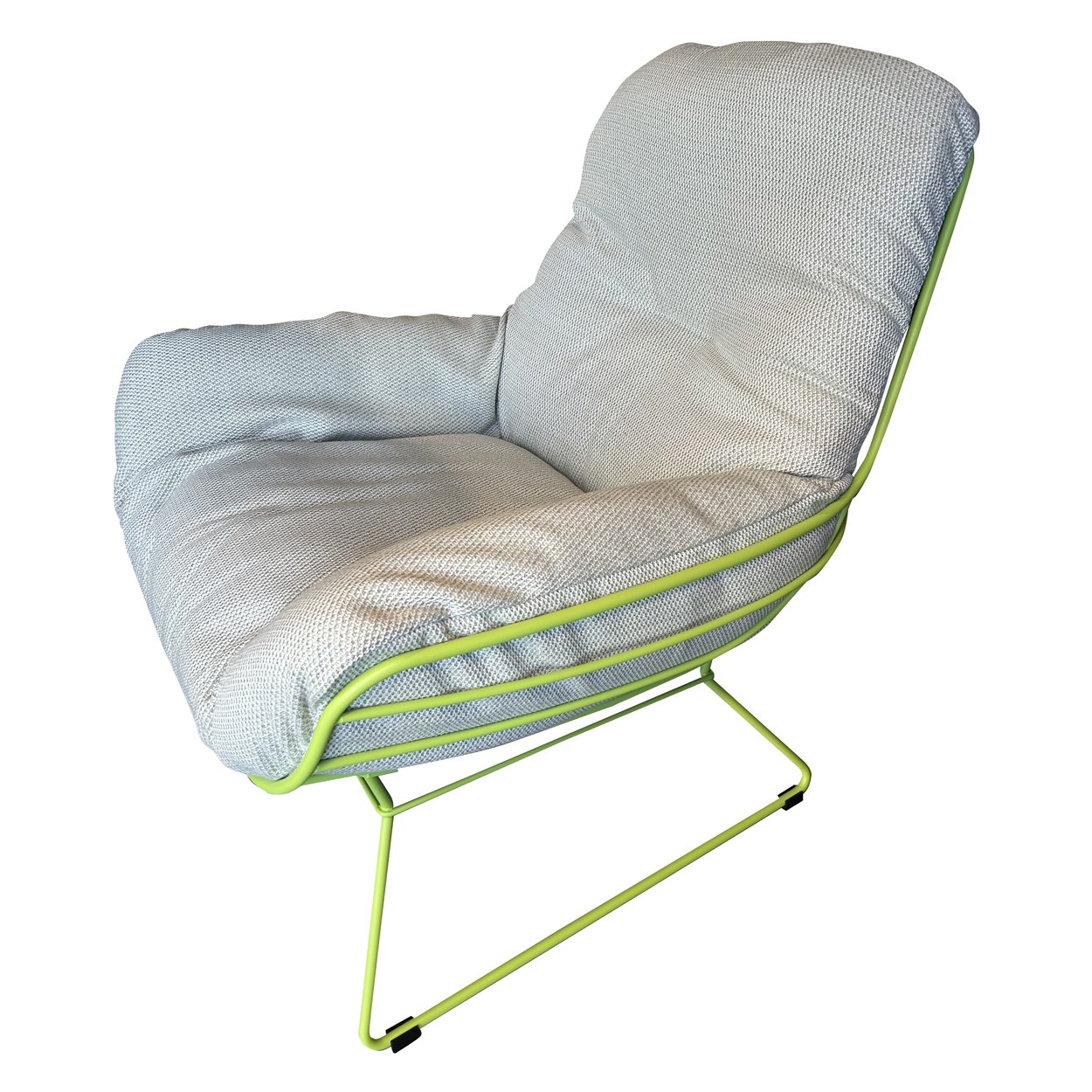 Leyasol Lounge Chair für draußen, Bezug Lopi Bud in hellem Grau, hellgrünes Drahtgestell, schräg von vorn