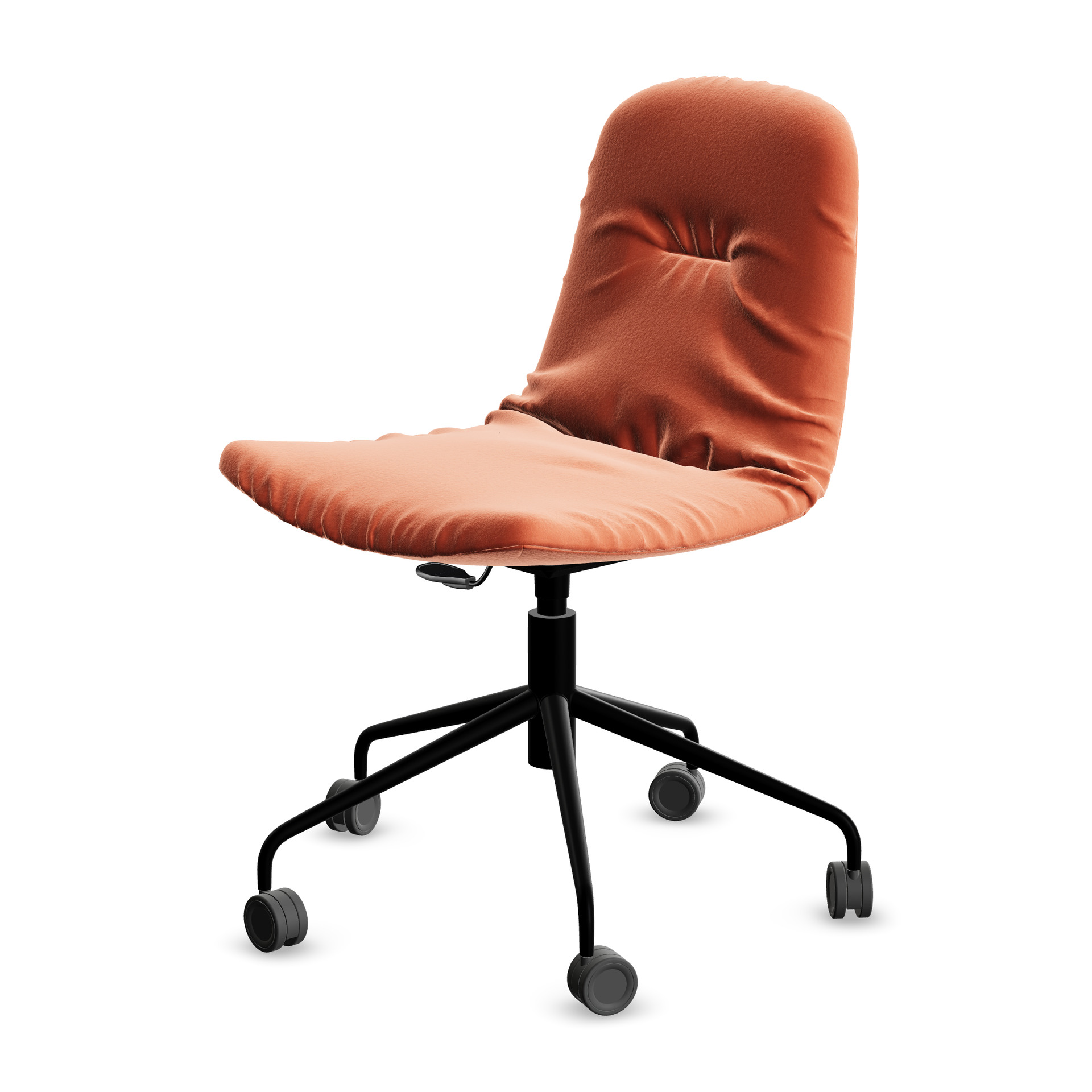 Leya Chair in orangefarbenem Stoff Sahco Avalon 0011 mit schwarzem Fußkreuz auf Rollen, schräg von vorn