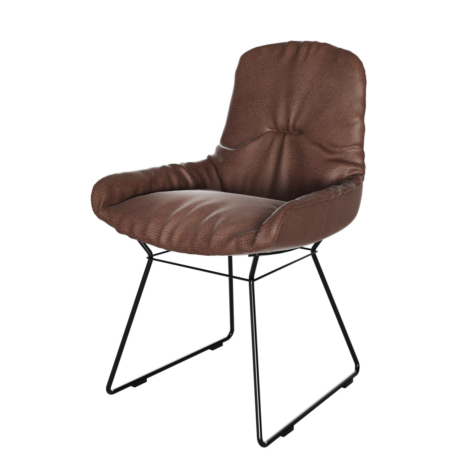 Leya Armchair Low in braunem Leder Sahara Coffee mit schwarzem Drahtgestell, schräg von vorn