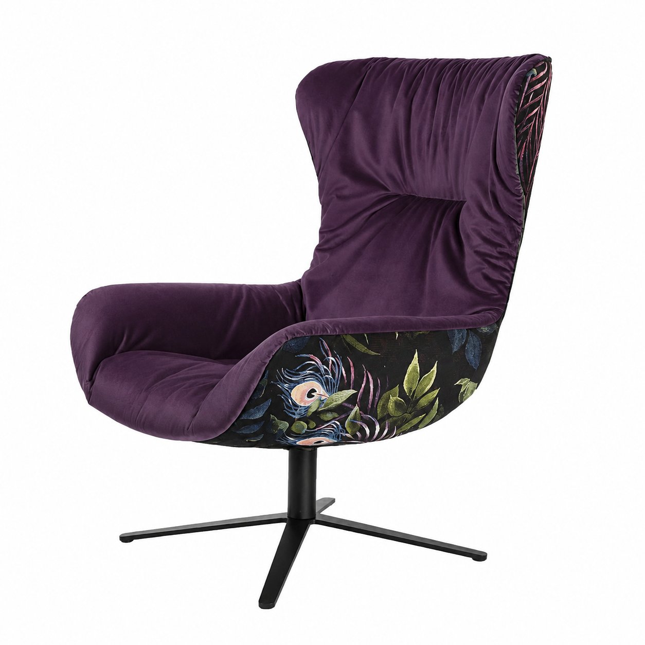 Leya Wingback Chair mit violettem Samtbezug und Gobelin Oasis an der Außenseite, schwarzes Fußkreuz, schräg von vorn