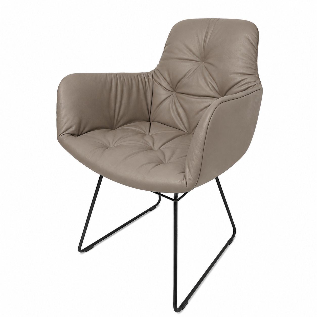 Leya Armchair High in grauem Leder Sahara platino mit Chesterfield-Steppung und schwarzem Drahtgestell, schräg von vorn