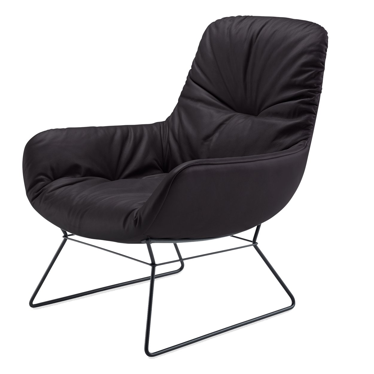 Leya Lounge Chair in dunkelbraunem Leder Sahara Coffee mit schwarzem Drahtgestell, schräg von vorn