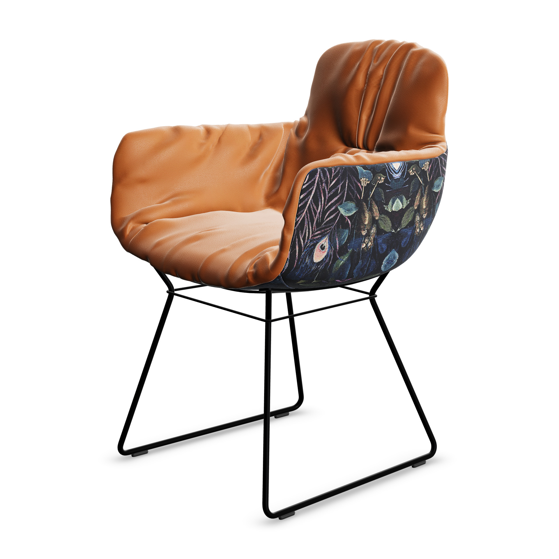 Leya Armchair High in orangefarbenem Leder Sahara Safran mit Gobelin Oasis an der Rückseite, schräg von vorn
