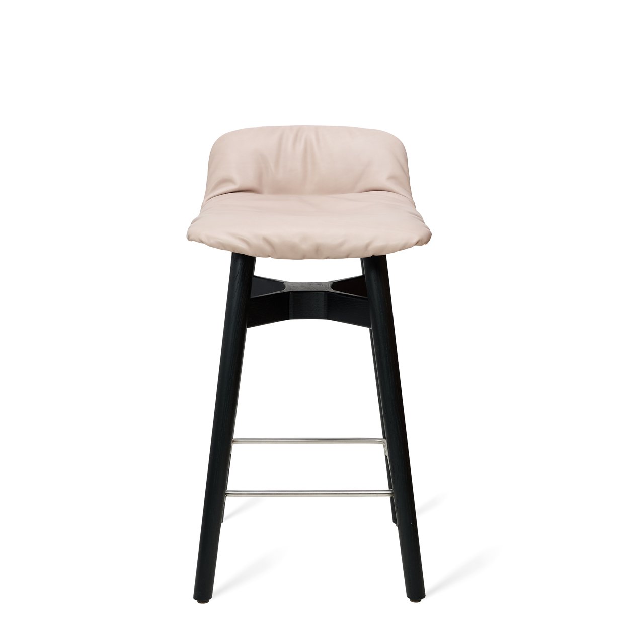 Leya Barstool Low in cremefarbenem Leder mit schwarzem Holzgestell, Frontansicht