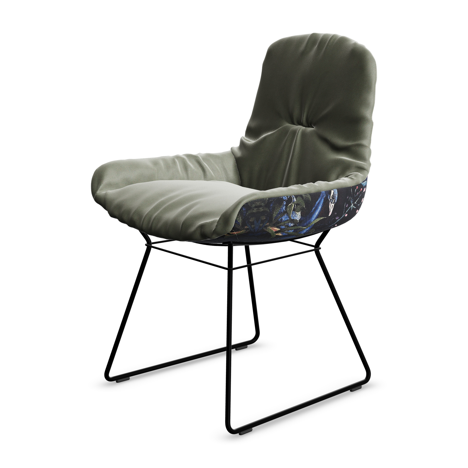 Leya Armchair Low in graugrünem Leder Muscat Jade mit Seitenwand in Gobelin Oasis, schwarzes Drahtgestell, schräg von vorn