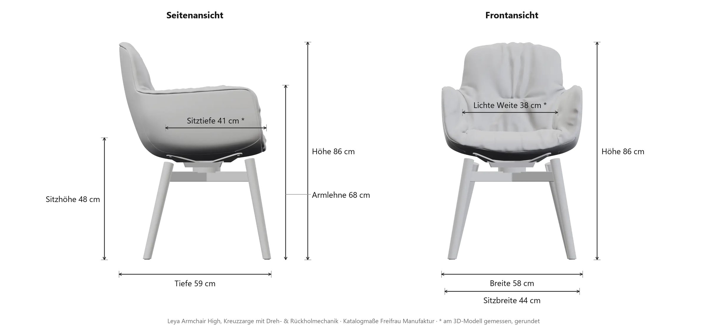 Maßzeichnung Leya Armchair High mit Holzgestell: Seiten- und Frontansicht mit Höhe, Breite, Tiefe, Sitz- und Armlehnhöhe