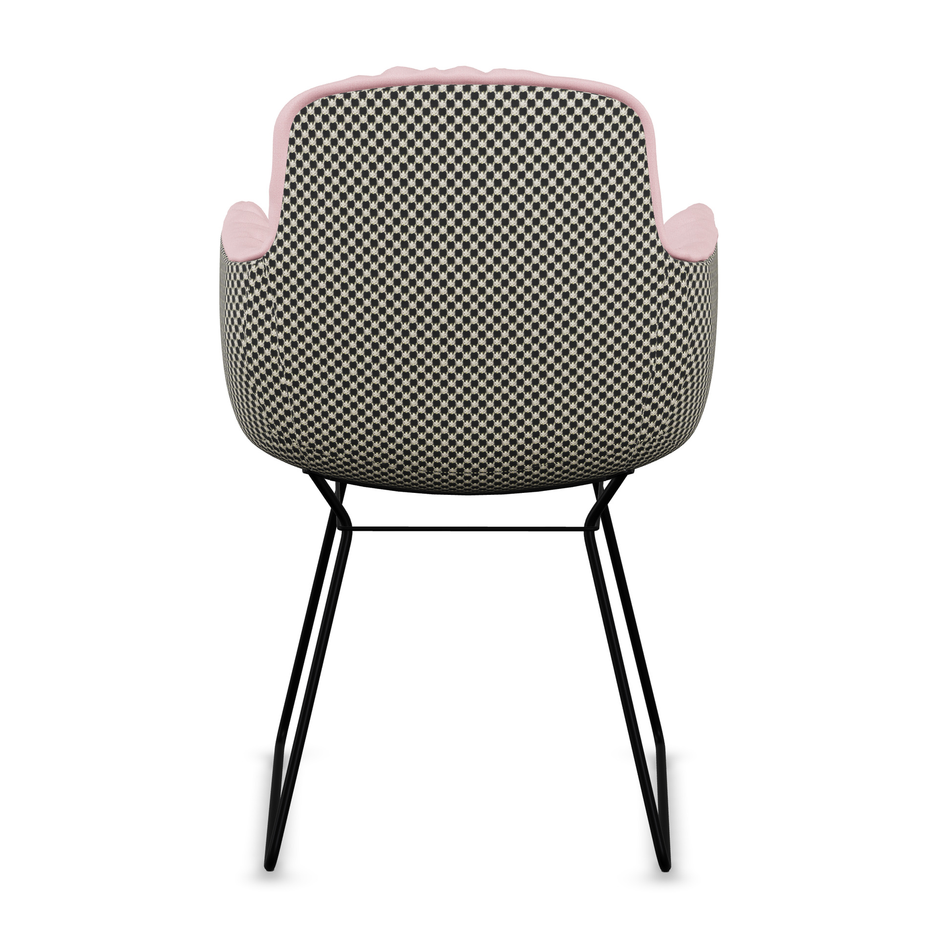 Leya Armchair High mit Rückseite in schwarz-weiß kariertem Stoff Nobilis Raphael 23 Noir, schwarzes Drahtgestell, Rückansicht