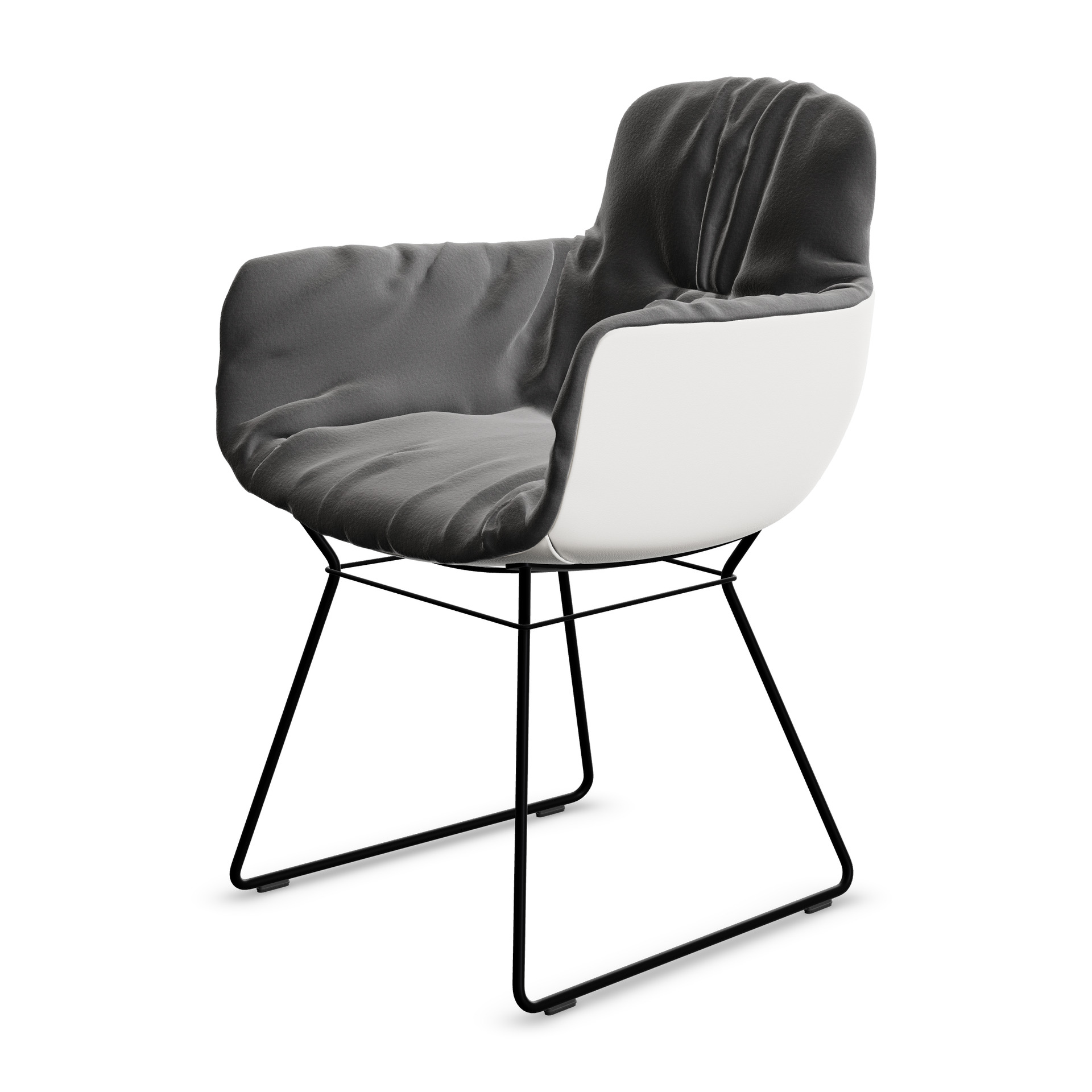 Leya Armchair High in dunkelgrauem Stoff Smart Charbon, Außenseite weißes Leder Cayenne Snow, Drahtgestell, schräg von vorn