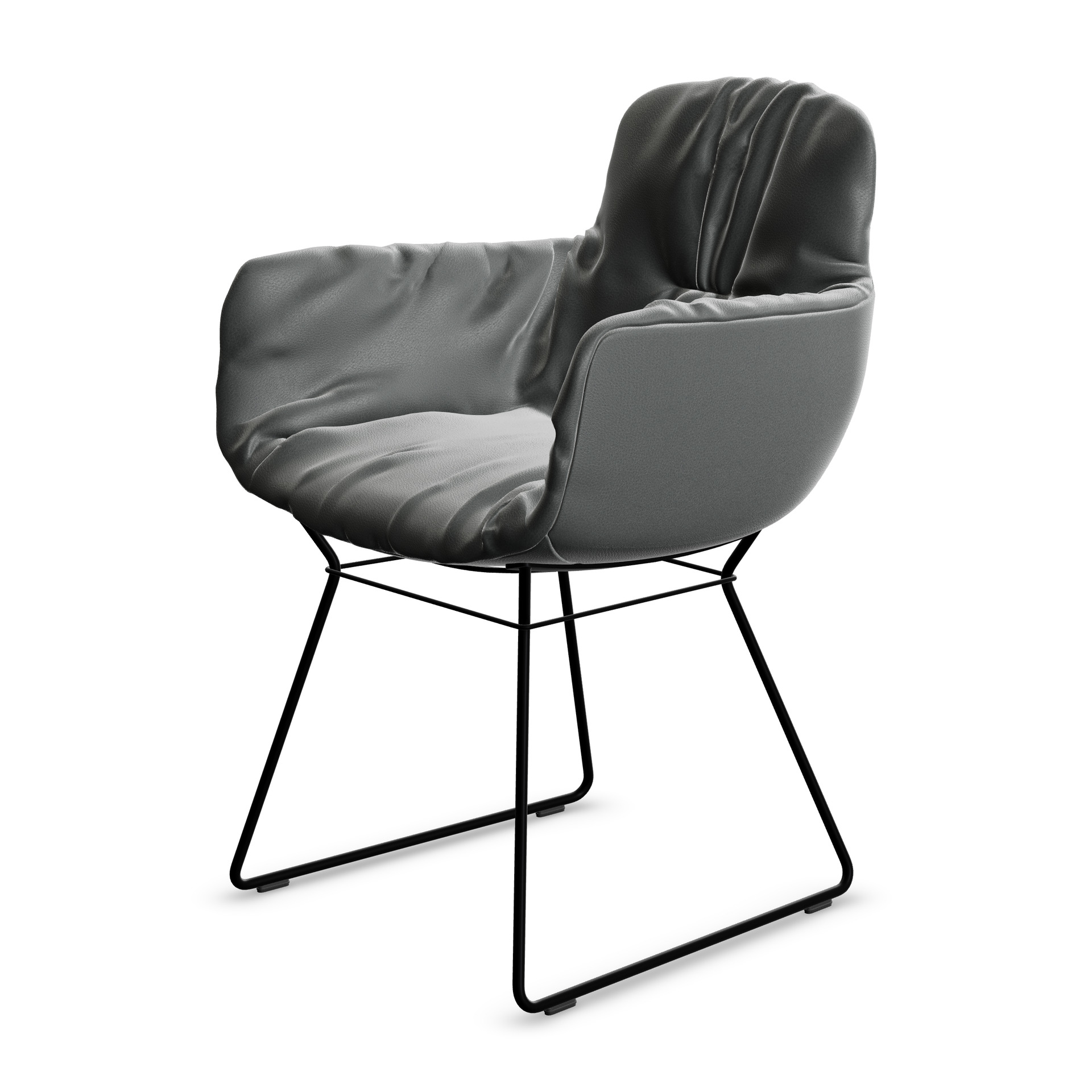 Leya Armchair High in grauem Leder Sahara Plaza mit schwarzem Drahtgestell, schräg von vorn