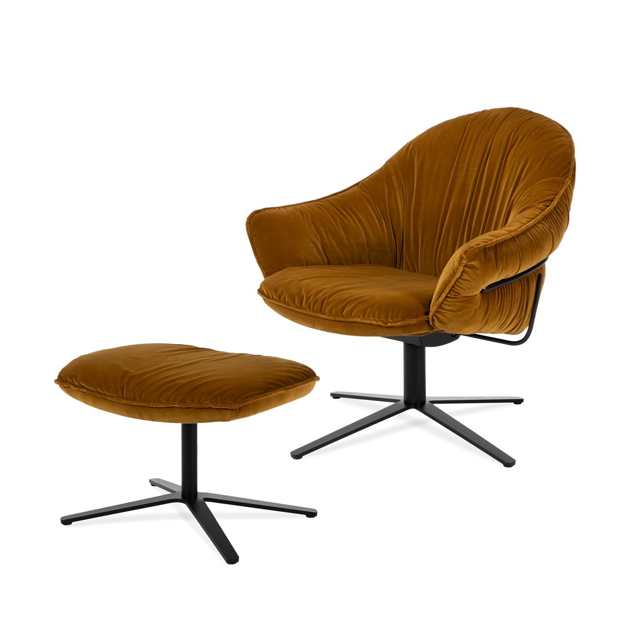 Marie Lounge Chair Low in ockerfarbenem Velour Adamo & Eva mit passendem Hocker, schwarzes Fußkreuz
