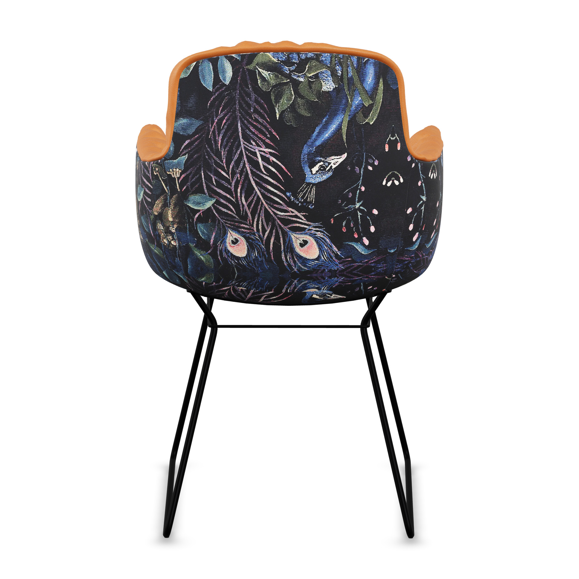Leya Armchair High mit Rückseite in Stoff Gobelin Oasis mit Pfauenmotiv, schwarzes Drahtgestell, Rückansicht