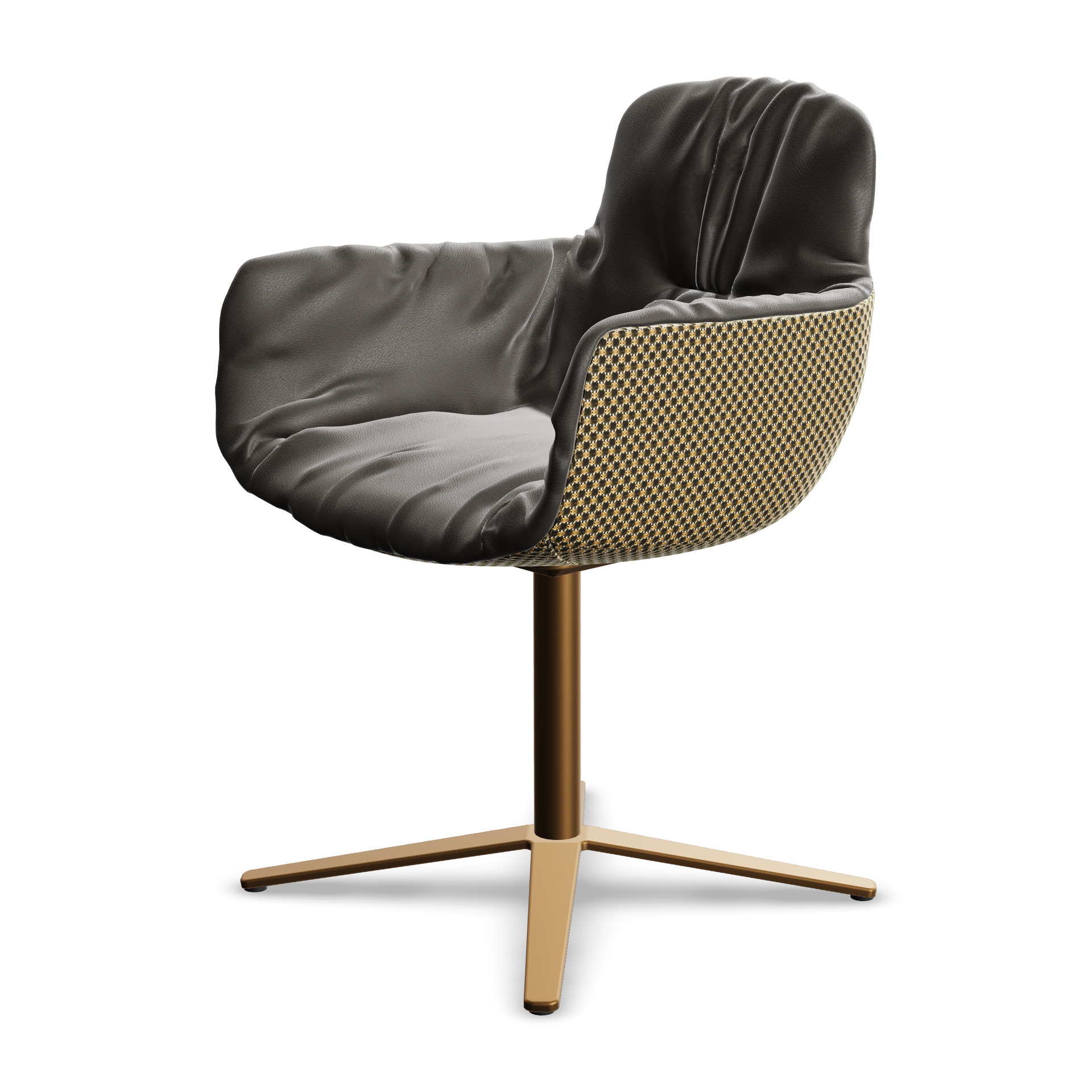 Leya Armchair High in dunkelbraunem Leder Adora Canelo mit gemusterter Außenseite, Sternfuß in Bronze, schräg von vorn