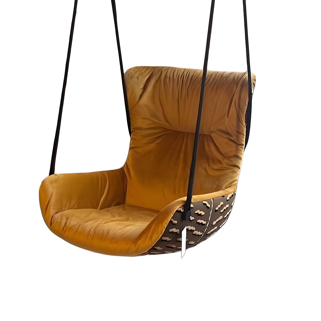 Leya Wingback Swing Seat in senfgelbem Samt Sahco Avalon mit gemustertem Außenstoff Tiger Beat, schräg von vorn