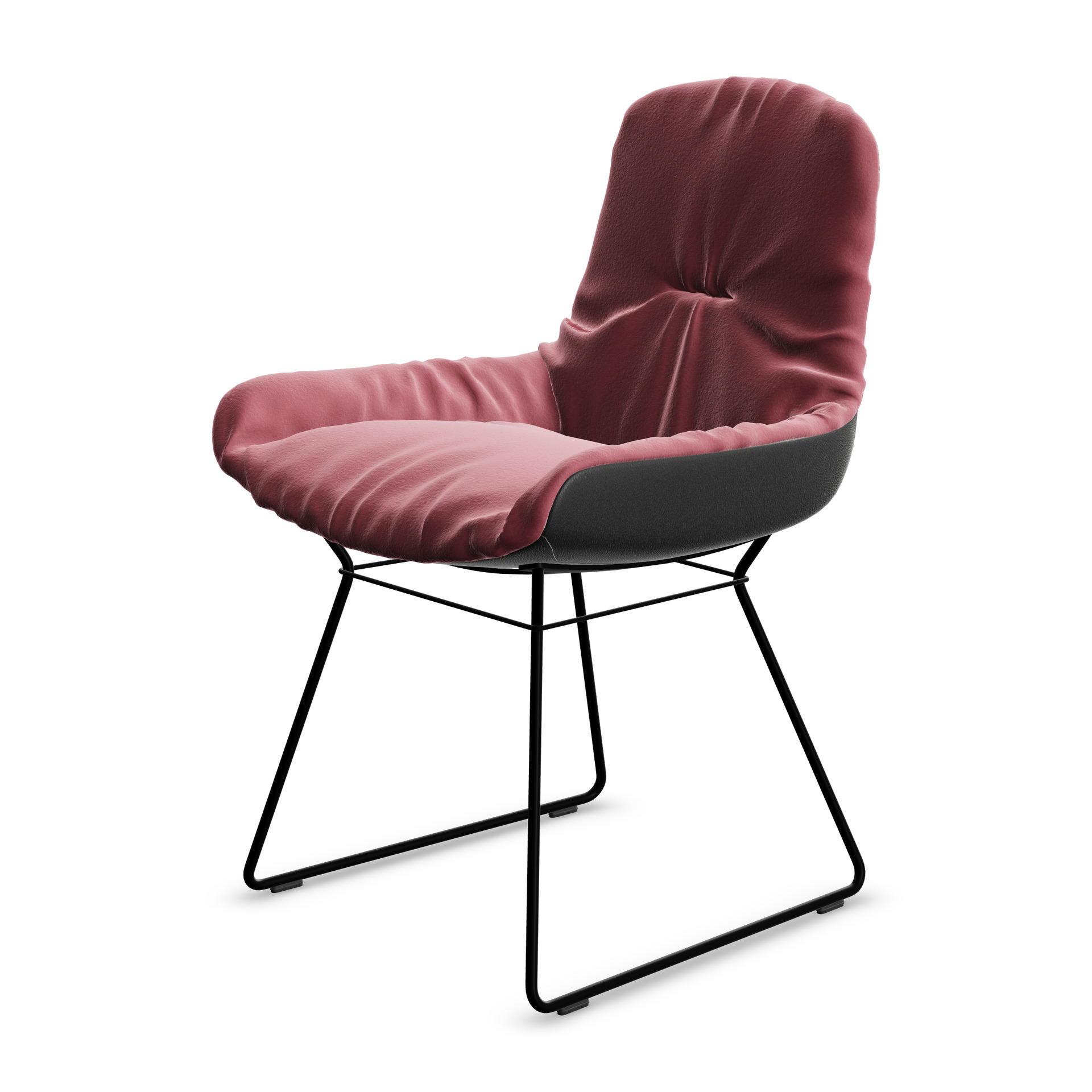 Leya Armchair Low in altrosa Stoff Sahco Avalon 0027 mit Außenseite in schwarzem Leder Sahara Ebony, schräg von vorn