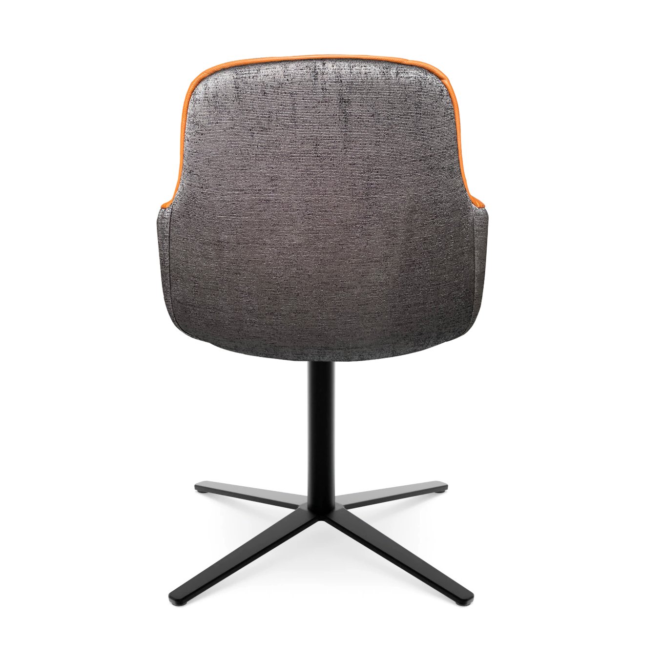 Leya Armchair High mit Rückseite in grauem Stoff Shimmer Quasimero und Lederkante in Cognac, schwarzes Fußkreuz, Rückansicht