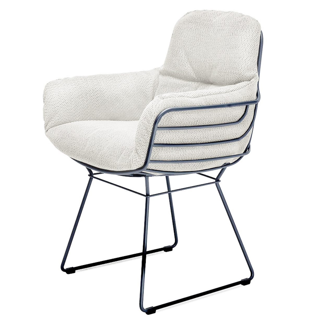 Leyasol Armchair High für draußen, Bezug in Cremeweiß, dunkles Drahtgestell mit Stäben, schräg von vorn