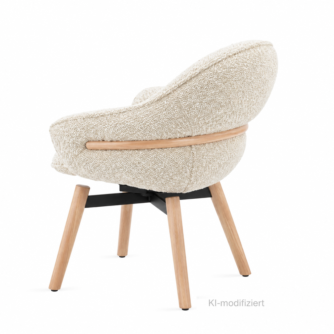 Marie Armchair in cremefarbenem Bouclé-Stoff Nimbus 006 Brebis mit Holzkreuzgestell in Eiche, Seitenansicht