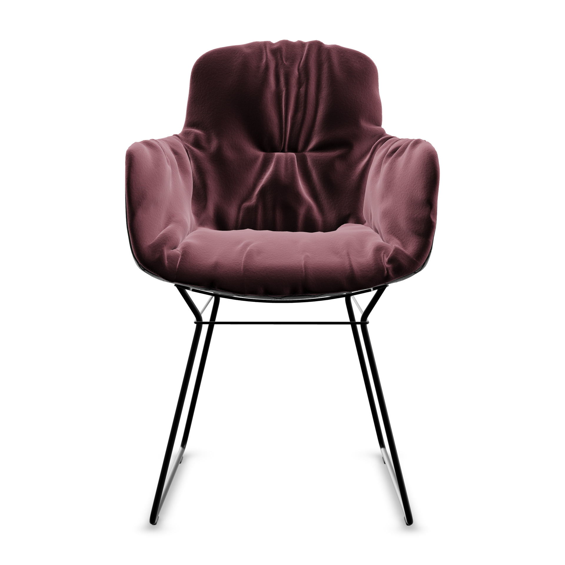 Leya Armchair High in bordeauxrotem Stoff Smart Bordeaux mit schwarzem Drahtgestell, Frontansicht