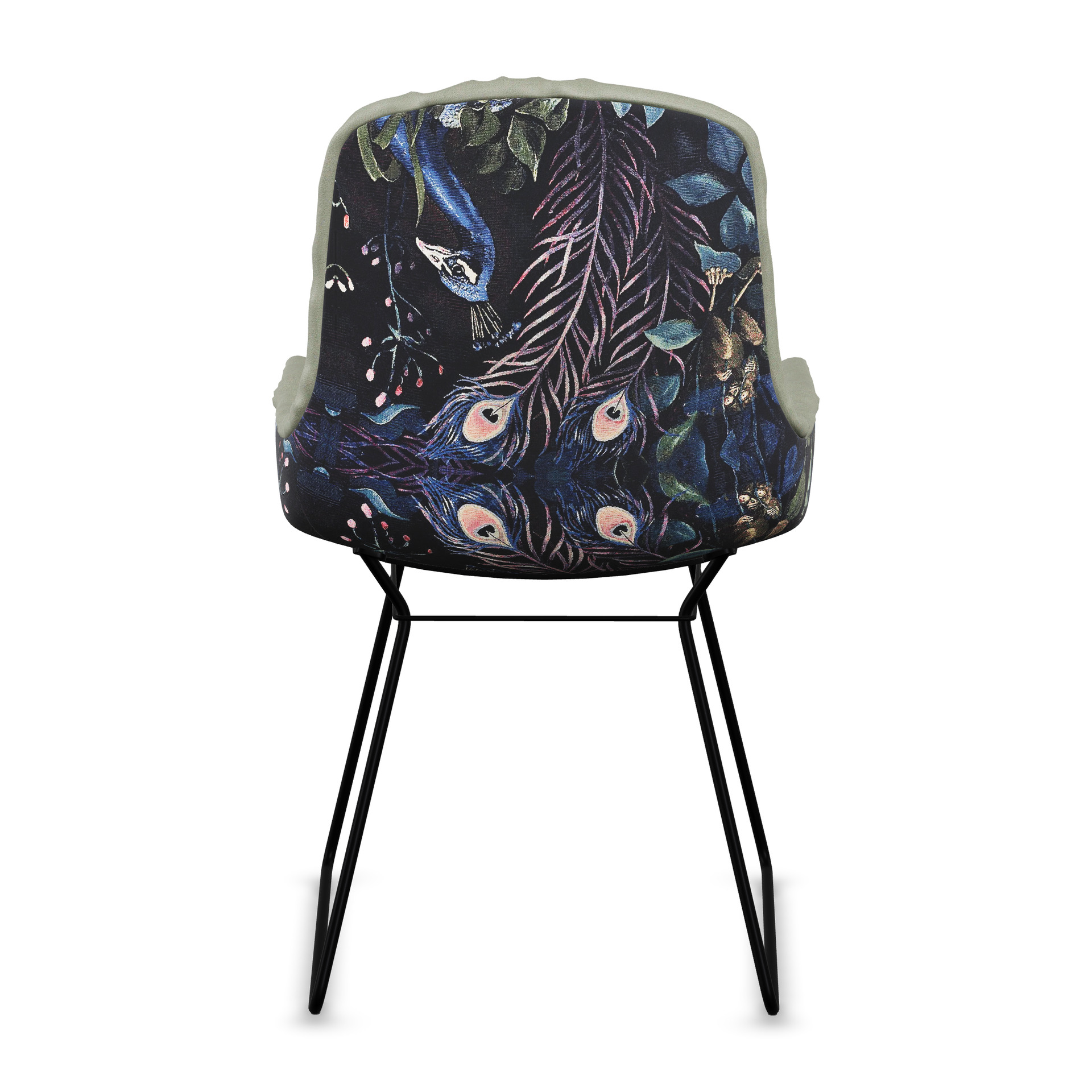 Leya Armchair Low mit Rückseite in Stoff Gobelin Oasis mit Pfauenmotiv, schwarzes Drahtgestell, Rückansicht
