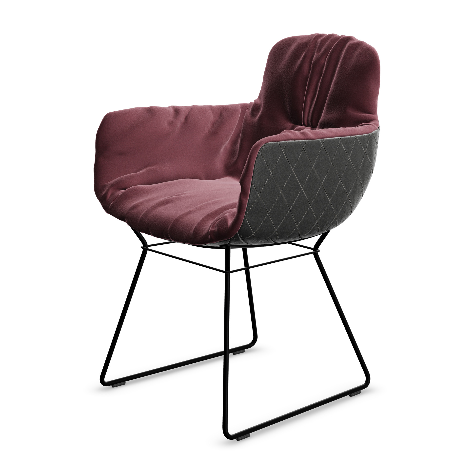 Leya Armchair High in bordeauxrotem Stoff Smart Bordeaux mit schwarz gesteppter Rückseite, schräg von vorn