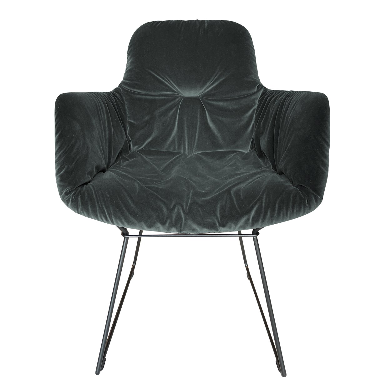 Leya Armchair High in dunkelgrünem Velours Cactus mit Außenschale in Leder Sahara Ebony und Kufengestell, Frontansicht