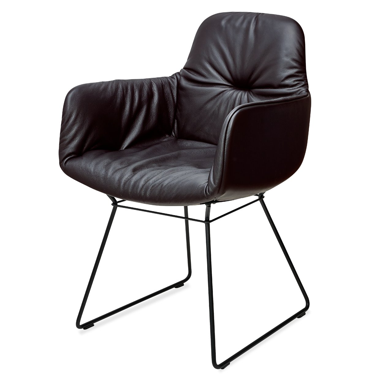 Leya Armchair High in dunkelbraunem Leder Sensia Cigaro mit schwarzem Drahtgestell, schräg von vorn