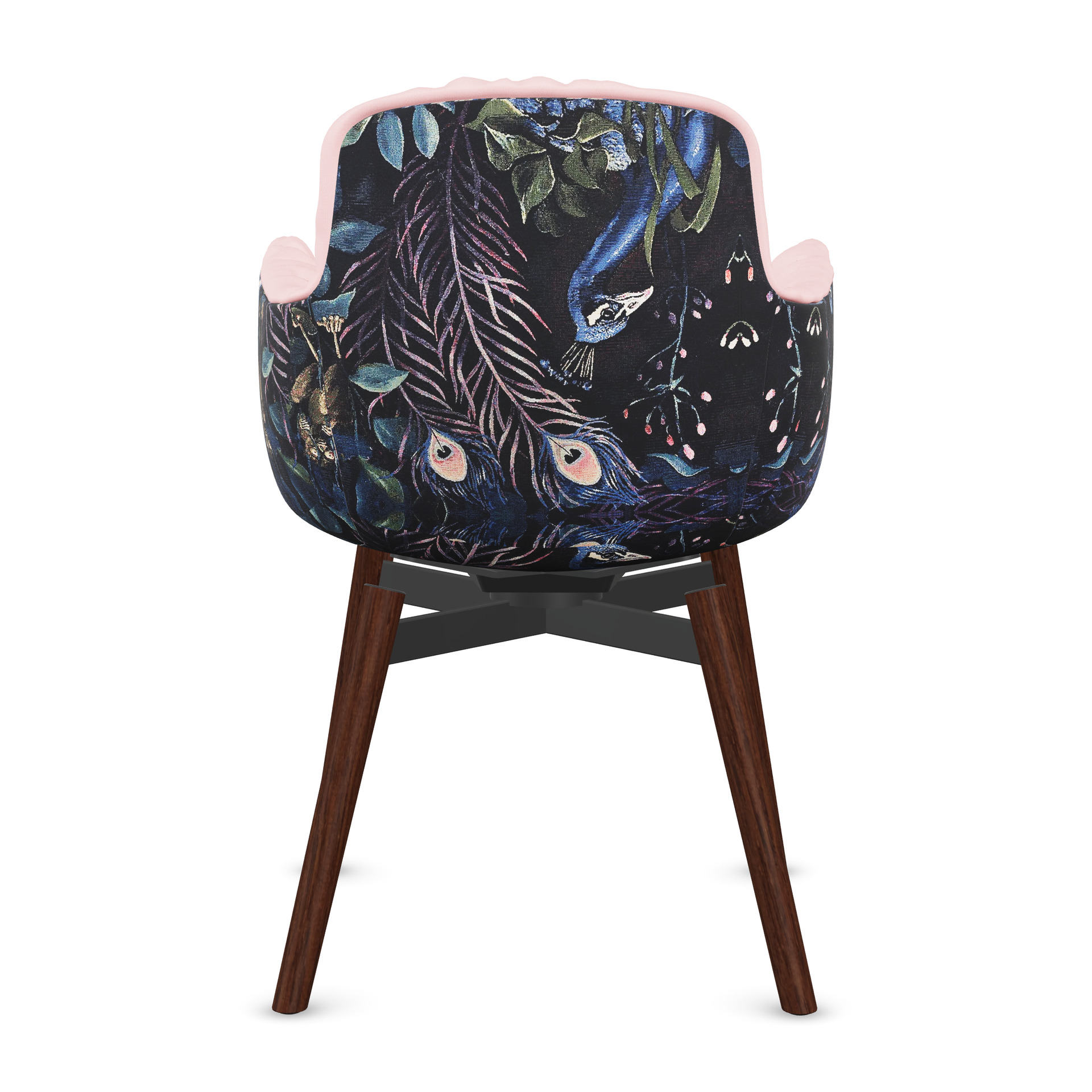Leya Armchair High mit Rückseite in Stoff Gobelin Oasis mit Pfauenmotiv, Holzfuß, Rückansicht