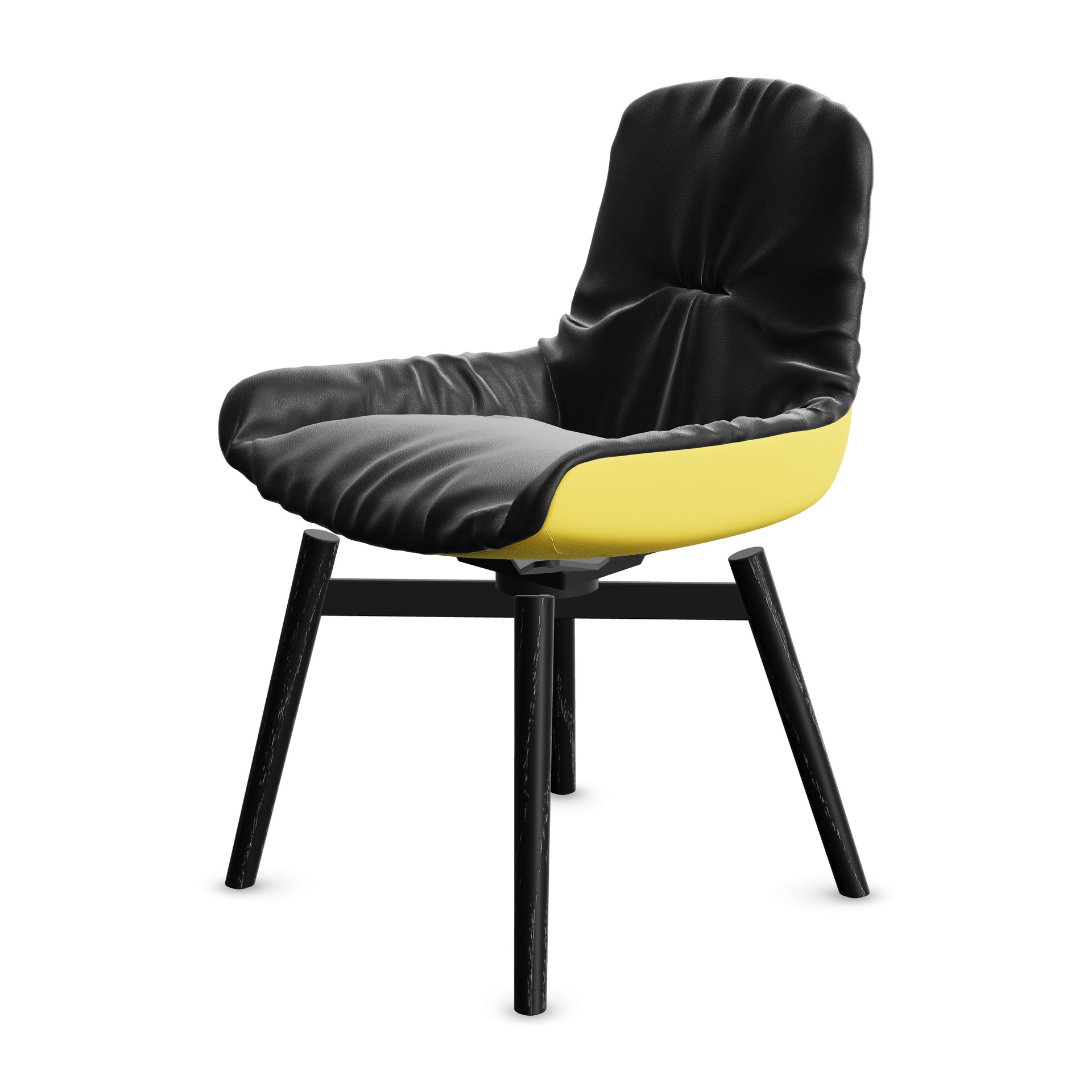 Leya Armchair Low in schwarzem Leder Opium Ebony, gelbe Außenseite Stoff Vidar 0443, schwarzes Holzgestell, schräg von vorn