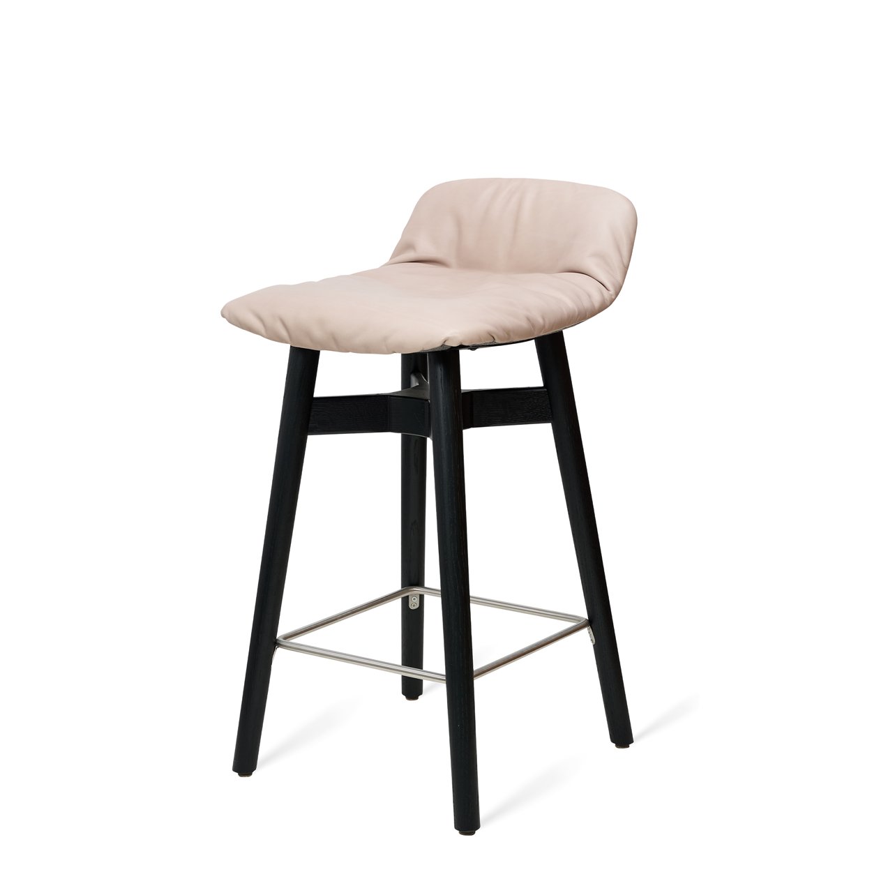 Leya Barstool Low in cremefarbenem Leder mit schwarzem Holzgestell, schräg von vorn