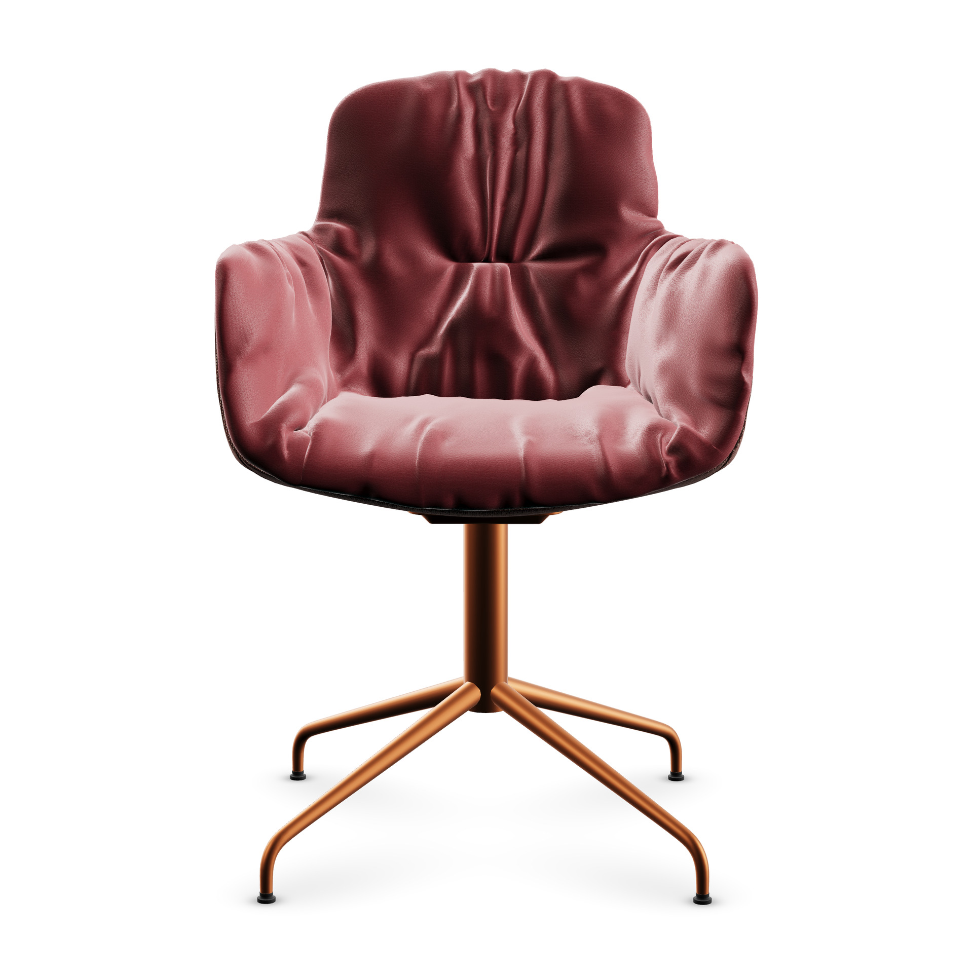 Leya Armchair High in rotem Leder Opium Vino mit Sternfuß in Kupfer, Frontansicht