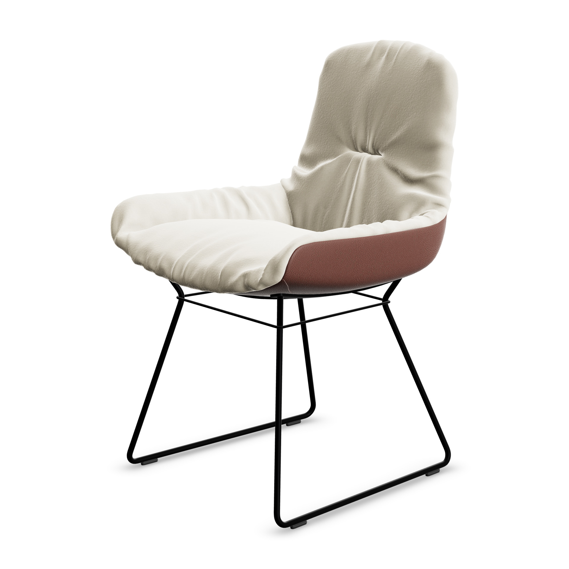 Leya Armchair Low in cremefarbenem Stoff Smart Dune, Außenseite braunes Leder Orient Kandis, Drahtgestell, schräg von vorn