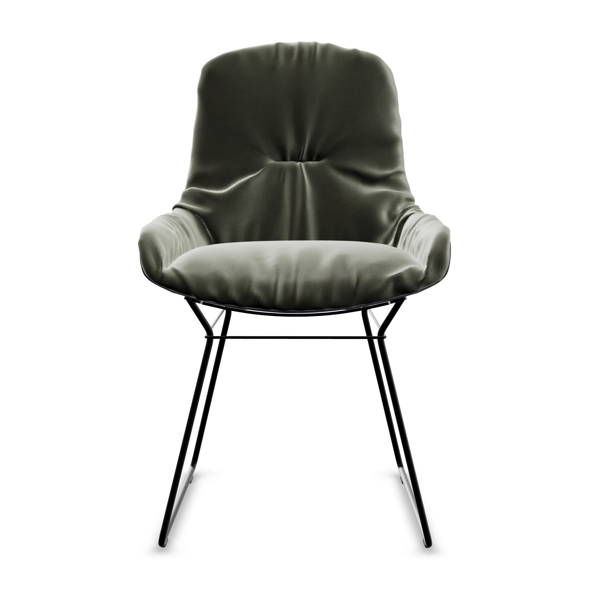 Leya Armchair Low in graugrünem Leder Muscat Jade mit schwarzem Drahtgestell, Frontansicht