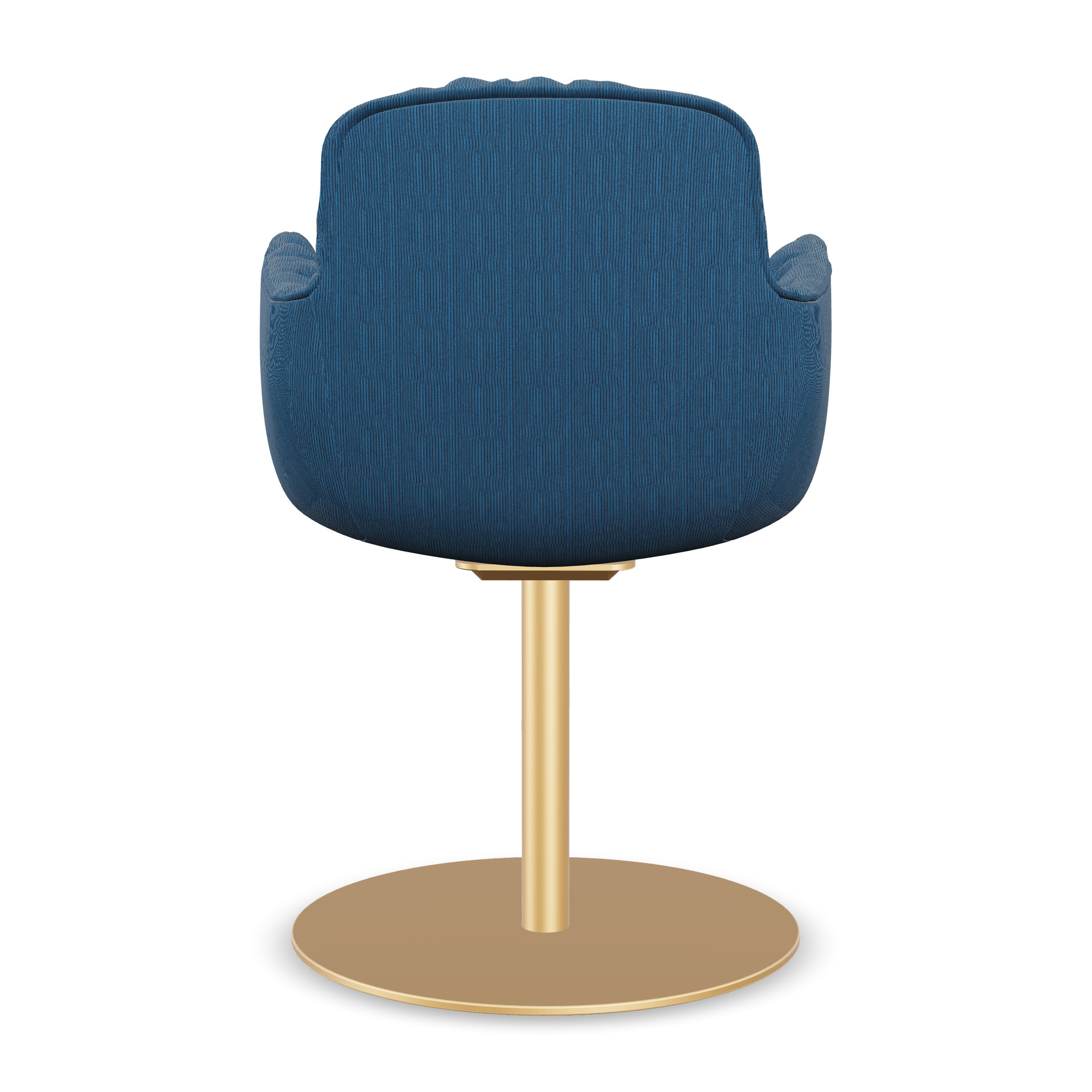 Leya Armchair High mit Rückseite in blauem Stoff Riga Océan, Tellerfuß in Messing, Rückansicht