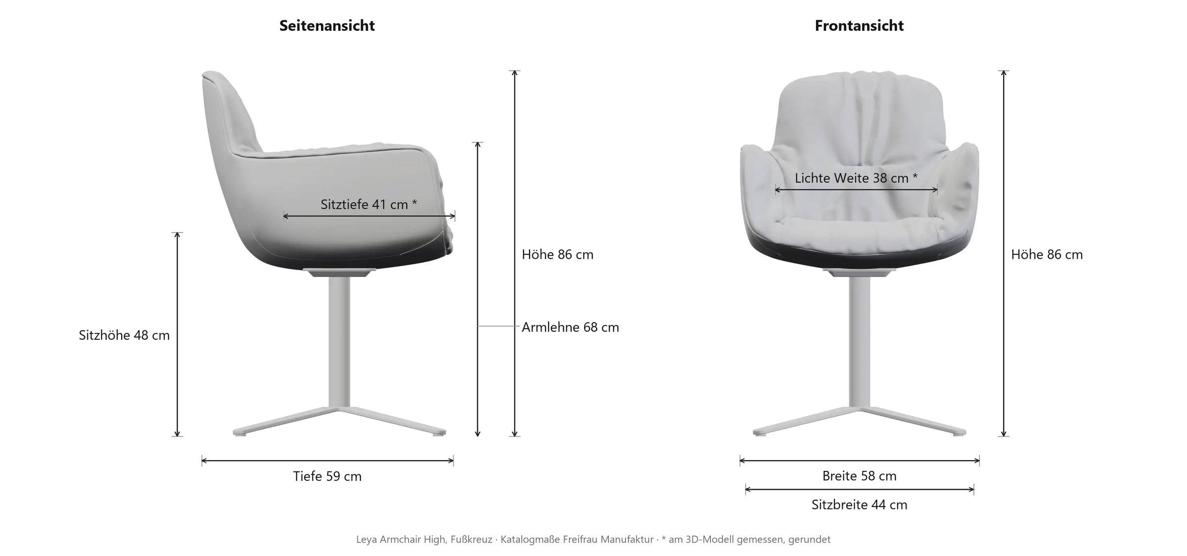 Maßzeichnung Leya Armchair High mit Sternfuß: Seiten- und Frontansicht mit Höhe, Breite, Tiefe, Sitz- und Armlehnhöhe