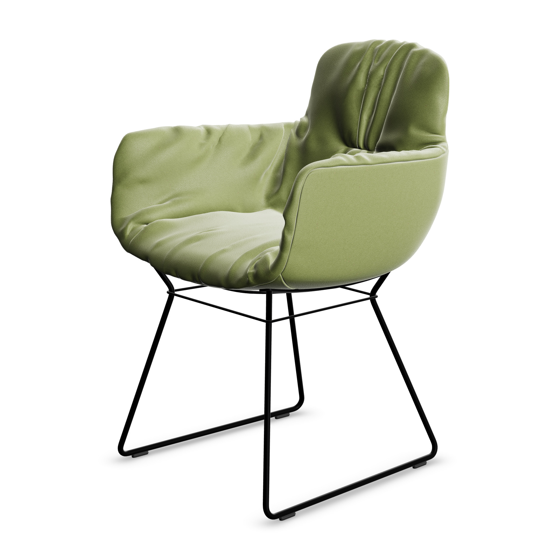 Leya Armchair High in grünem Leder Opium Palm mit schwarzem Drahtgestell, schräg von vorn