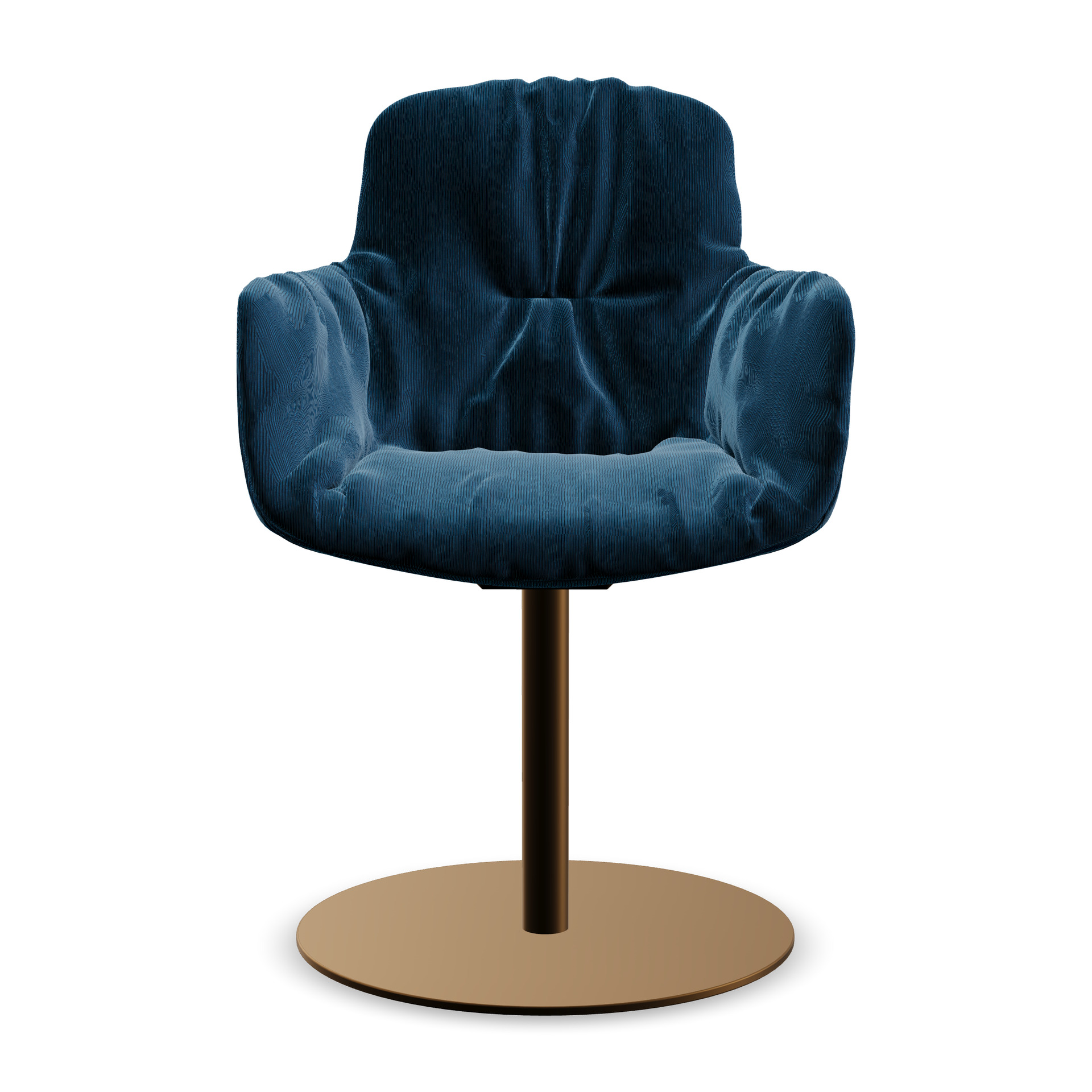 Leya Armchair High in blauem Cordstoff Riga Océan mit Tellerfuß in Messing, Frontansicht