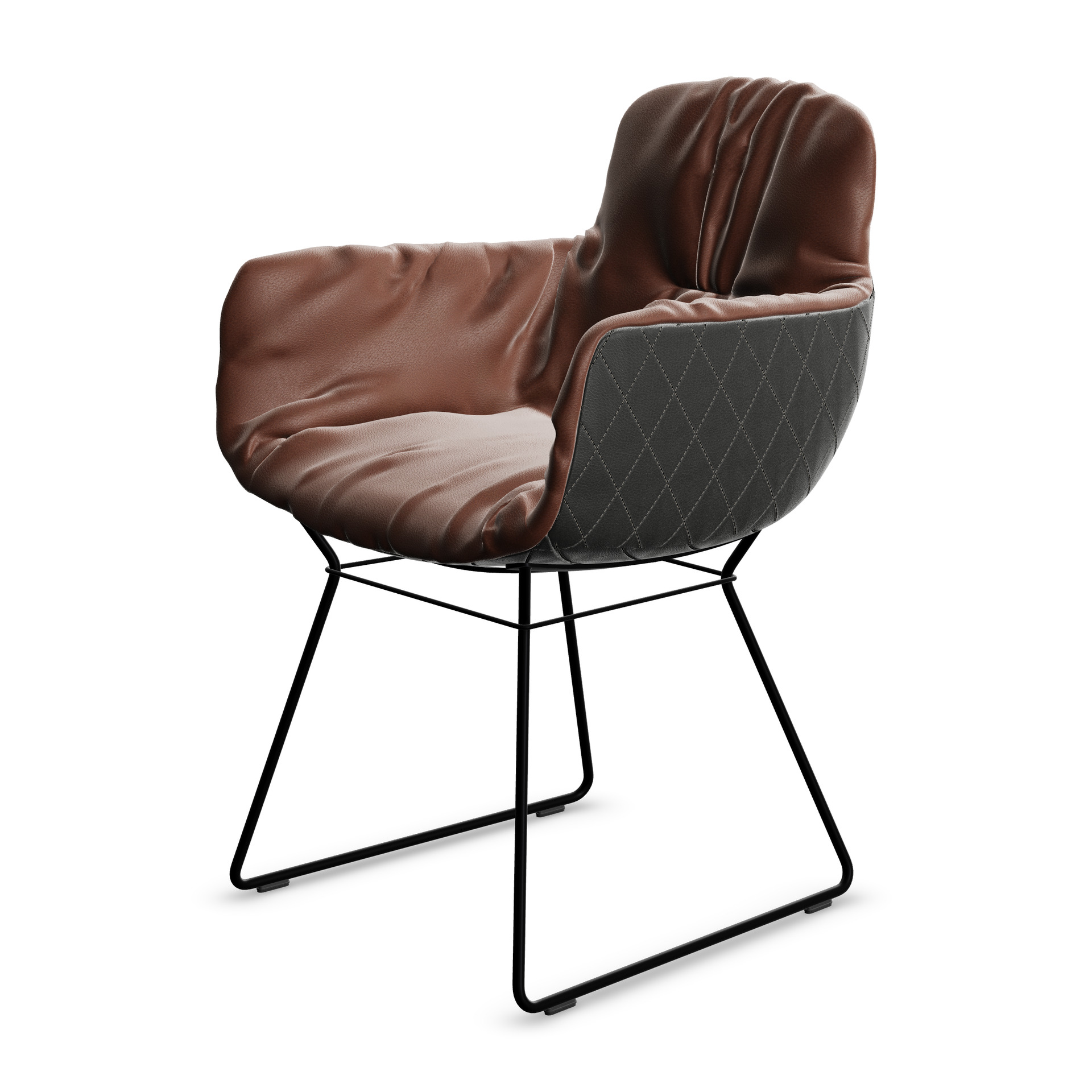 Leya Armchair High in cognacfarbenem Leder Sahara mit schwarz gesteppter Rückseite, schwarzes Drahtgestell, schräg von vorn
