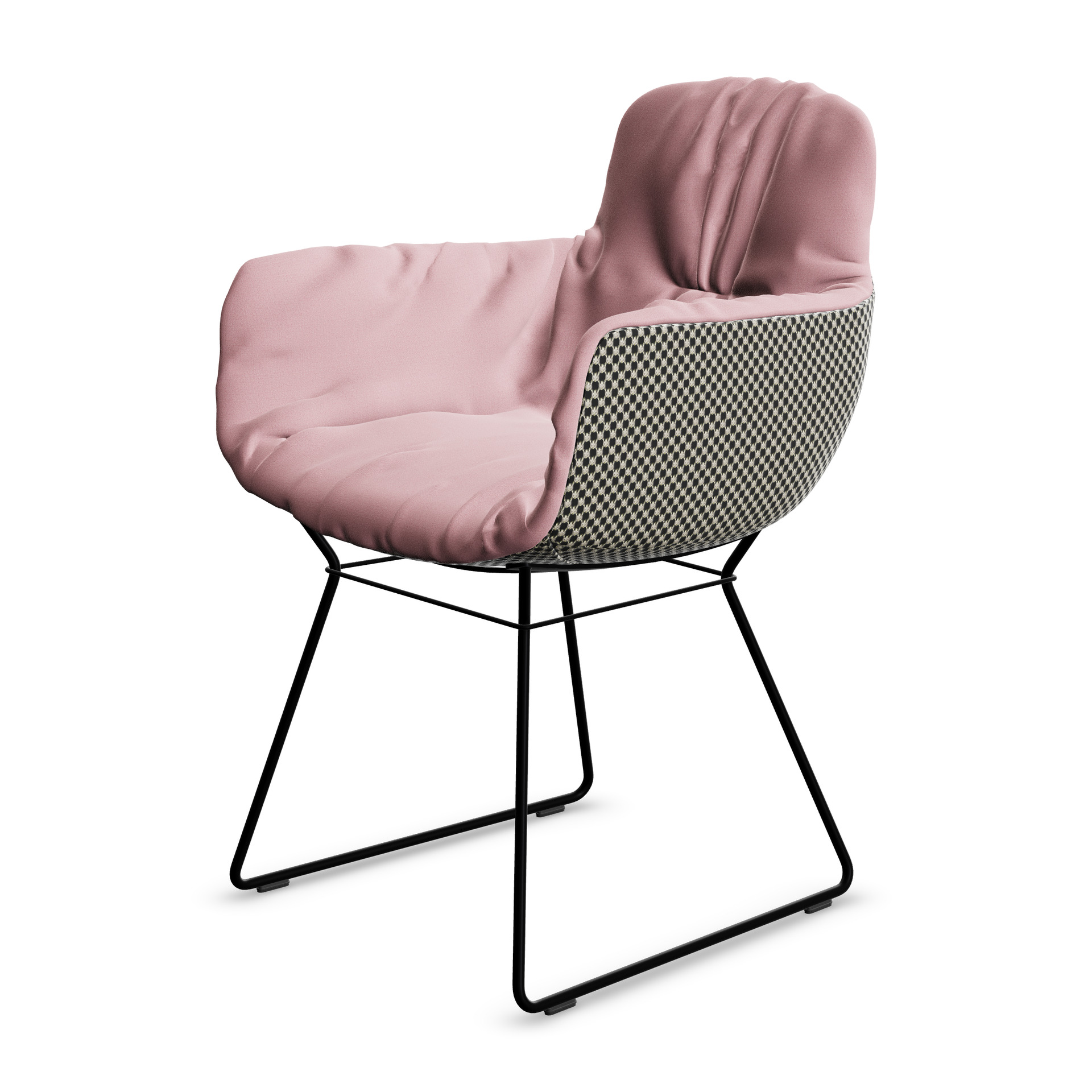 Leya Armchair High in rosafarbenem Stoff Vidar 0633 mit schwarz-weiß kariertem Nobilis Raphael 23 Noir, schräg von vorn