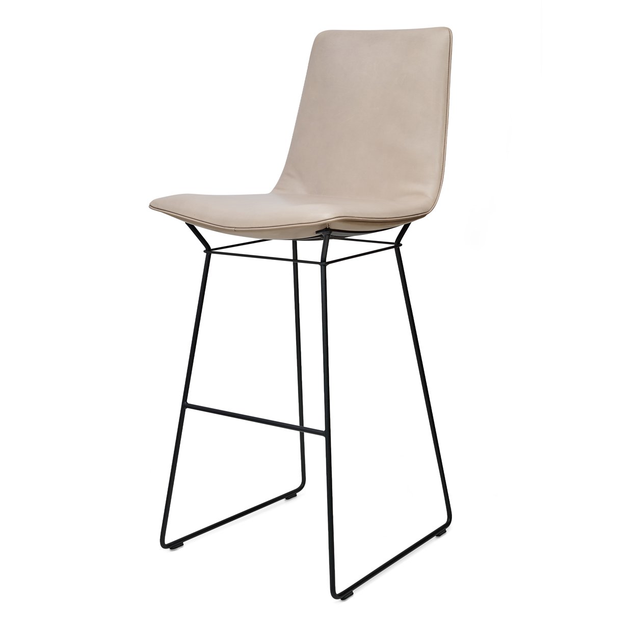 Amelie Barchair High in hellgrauem Leder Oman mit schwarzem Kufengestell aus Draht, Seitenansicht