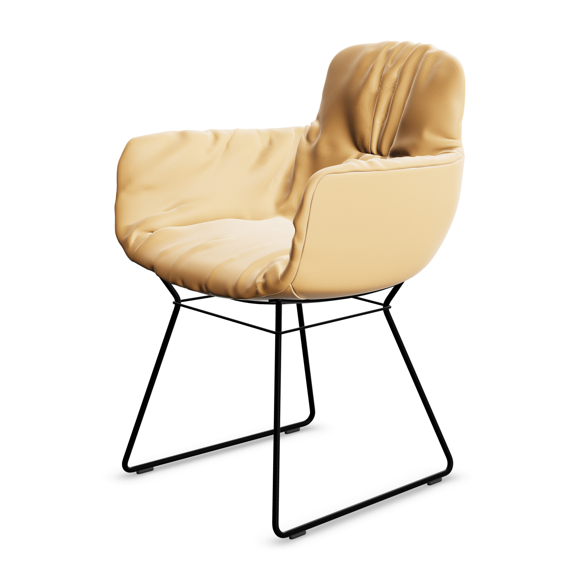 Leya Armchair High in hellem Leder Adora Champagne mit schwarzem Drahtgestell, schräg von vorn