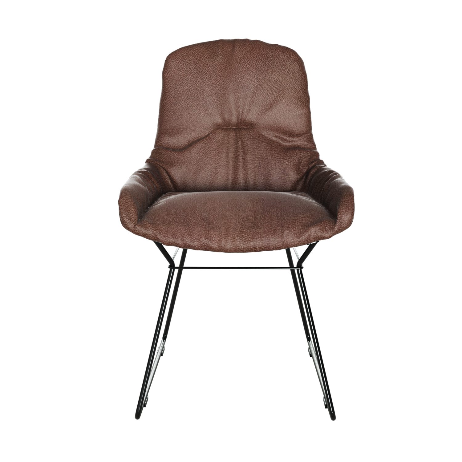 Leya Armchair Low in braunem Leder Sahara Coffee mit schwarzem Drahtgestell, Frontansicht