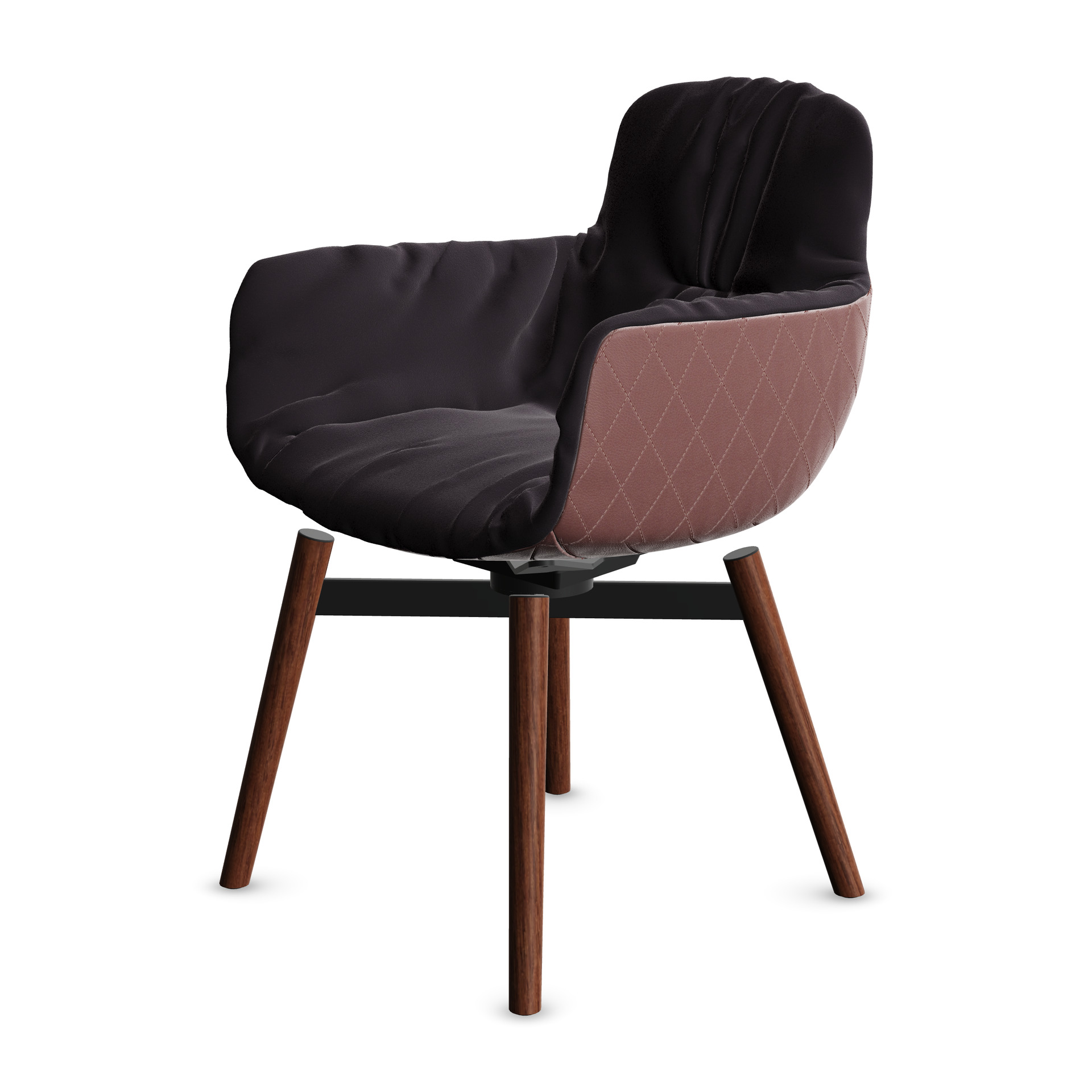 Leya Armchair High in dunklem Stoff Adamo & Eva Mirtillo mit gestepptem Leder Cayenne Merlot außen, Holzfuß, schräg von vorn