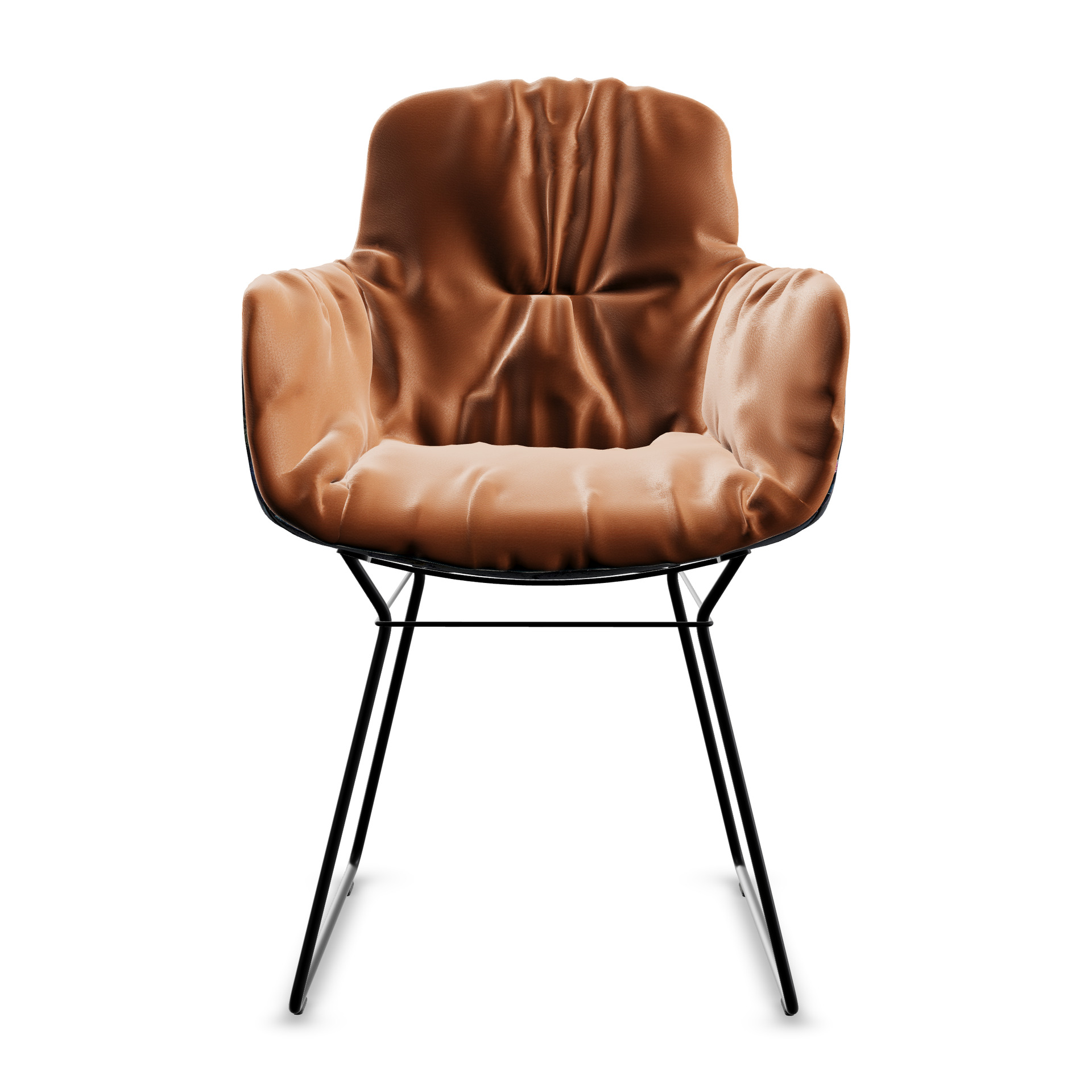 Leya Armchair High in orangebraunem Leder Sahara Safran mit schwarzem Drahtgestell, Frontansicht