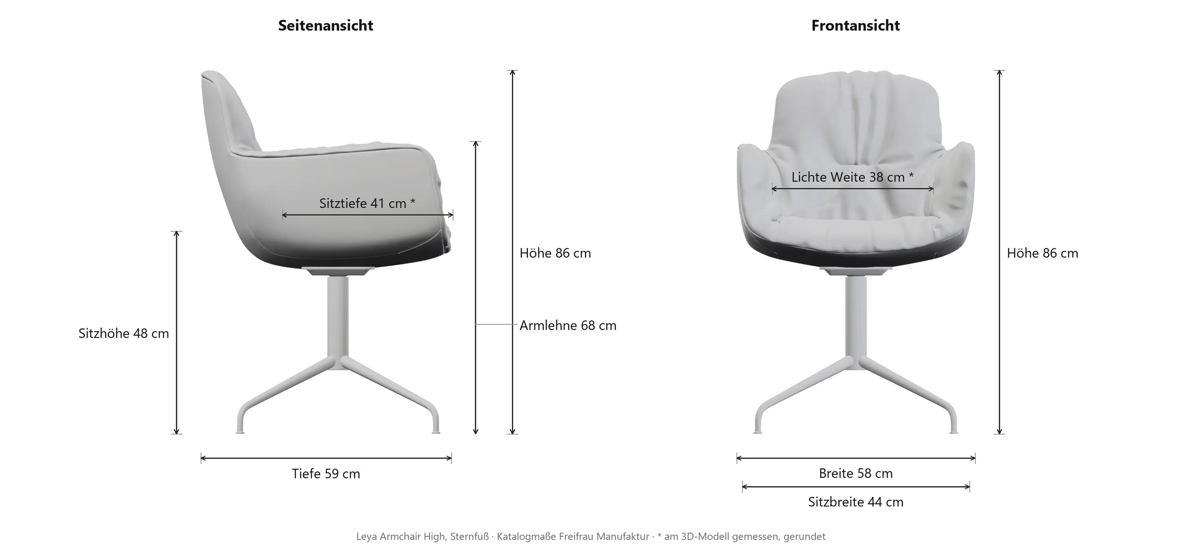 Maßzeichnung Leya Armchair High mit Sternfuß: Seiten- und Frontansicht mit Höhe, Breite, Tiefe, Sitz- und Armlehnhöhe