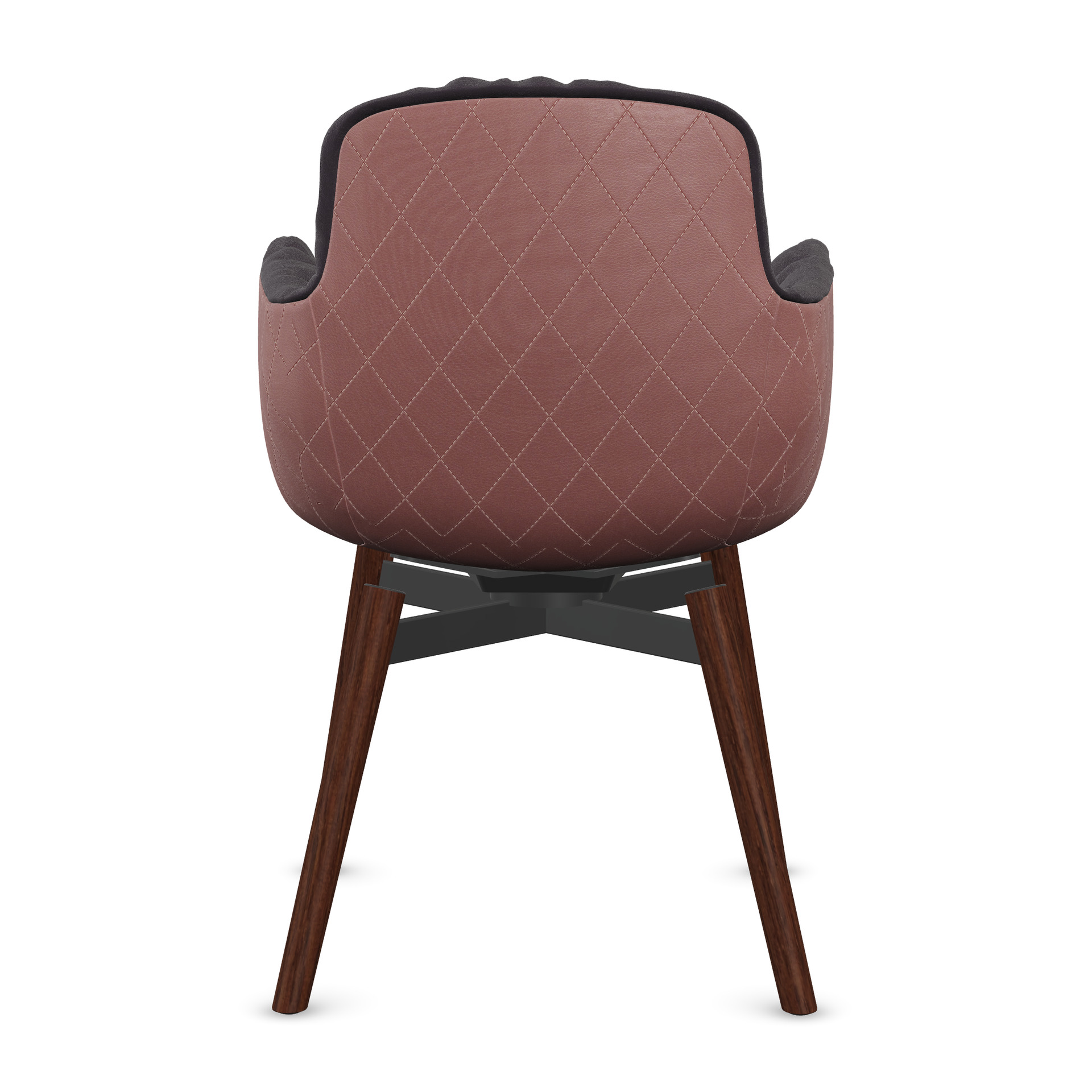 Leya Armchair High mit Rückseite in gestepptem Leder Cayenne Merlot, Holzfuß mit schwarzem Kreuz, Rückansicht