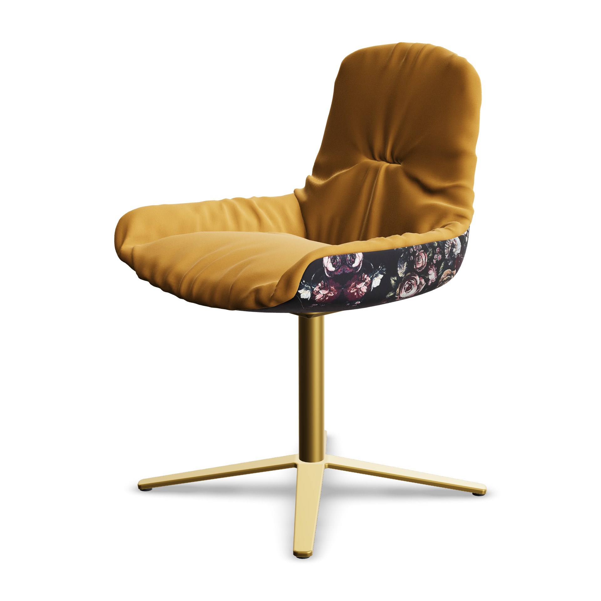 Leya Armchair Low in senfgelbem Stoff Adamo & Eva Moutarde, Außenseite Gobelin Eden, Sternfuß in Messing, schräg von vorn