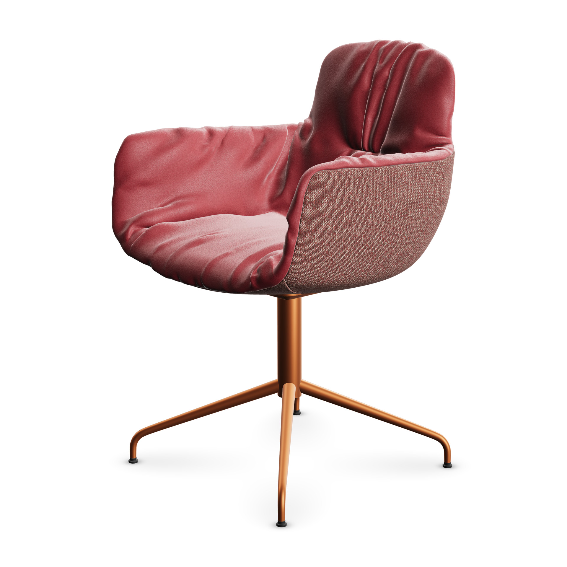 Leya Armchair High in rotem Leder Opium Vino mit Außenseite in Stoff Safire 0013, Sternfuß in Kupfer, schräg von vorn