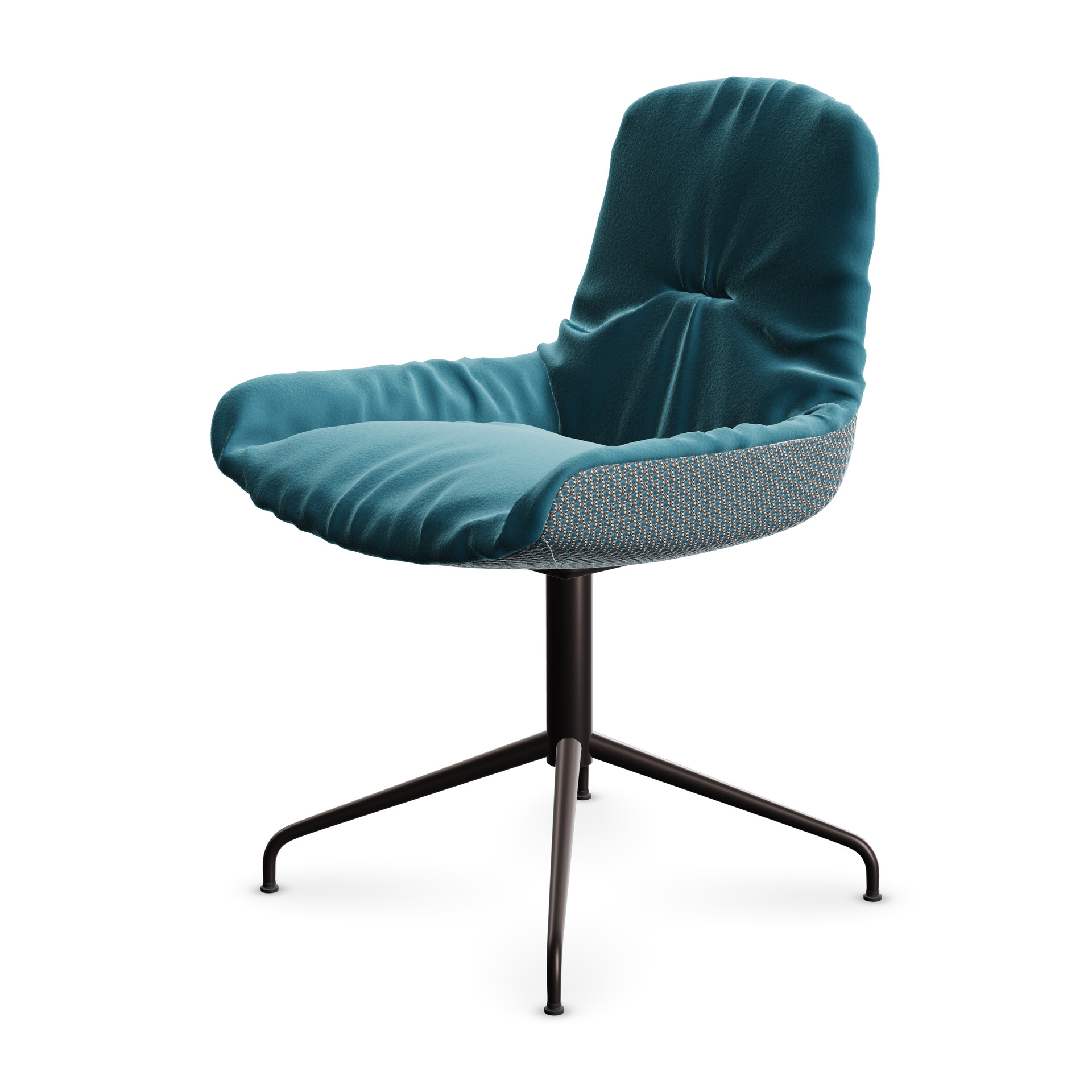 Leya Armchair Low in petrolblauem Stoff Sahco Avalon 0054, gemusterte Außenseite, schwarzes Sternfußgestell, schräg von vorn
